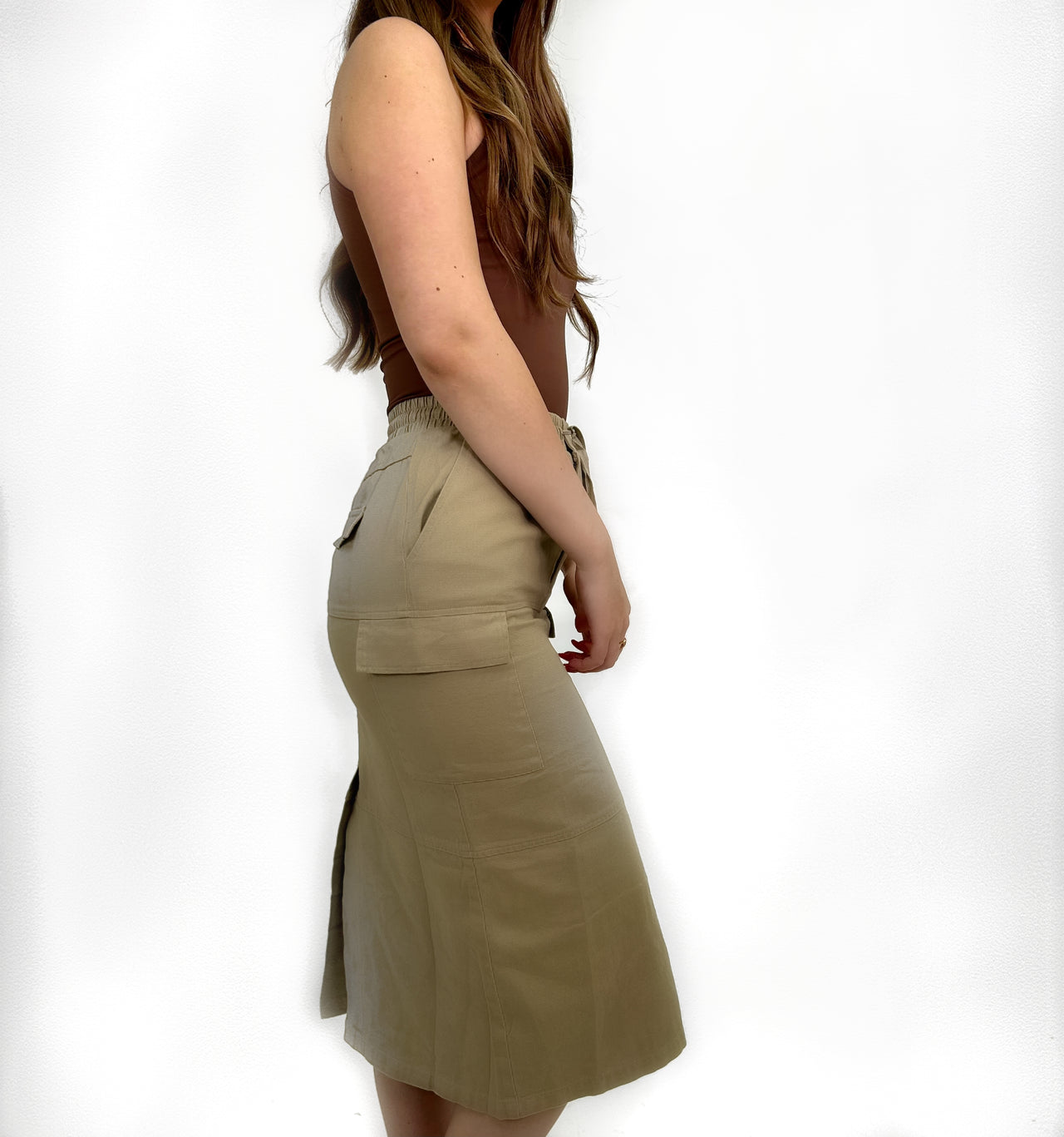 Janelle Drawstring Cargo Skirt, Midi Skirt by Bailey Rose | LIT Boutique