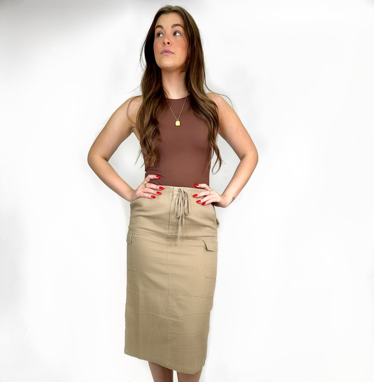 Janelle Drawstring Cargo Skirt, Midi Skirt by Bailey Rose | LIT Boutique