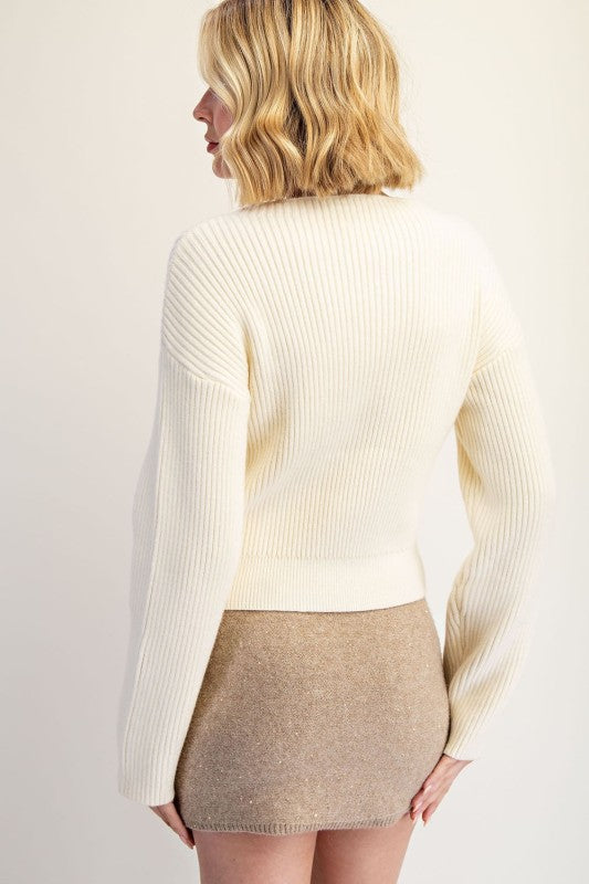 Drop Shoulder Ribbed Sweater Top With Metal Broche In Ivory, Sweater by Edit By Nine | LIT Boutique