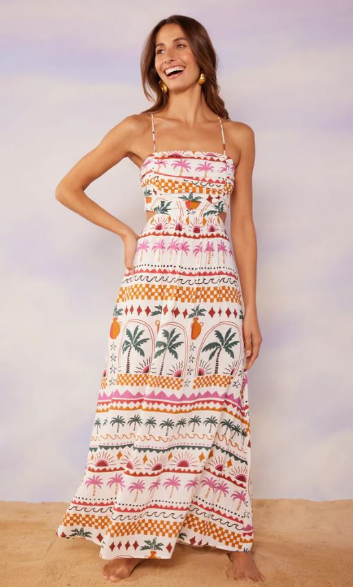 Eyona Strappy Maxi Dress White Palm, Maxi Dress by Mink Pink | LIT Boutique