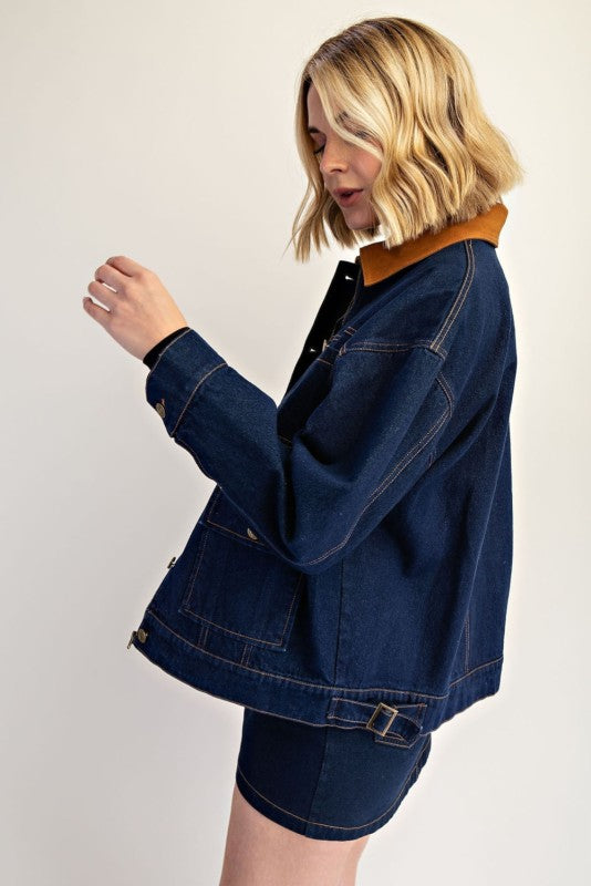 Relaxed Denim Jacket With Contrast Collar, Jacket by Edit By Nine | LIT Boutique