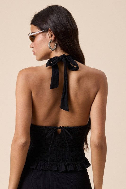 Smocked Halter Tie Top Black, Tank Blouse by Refine | LIT Boutique