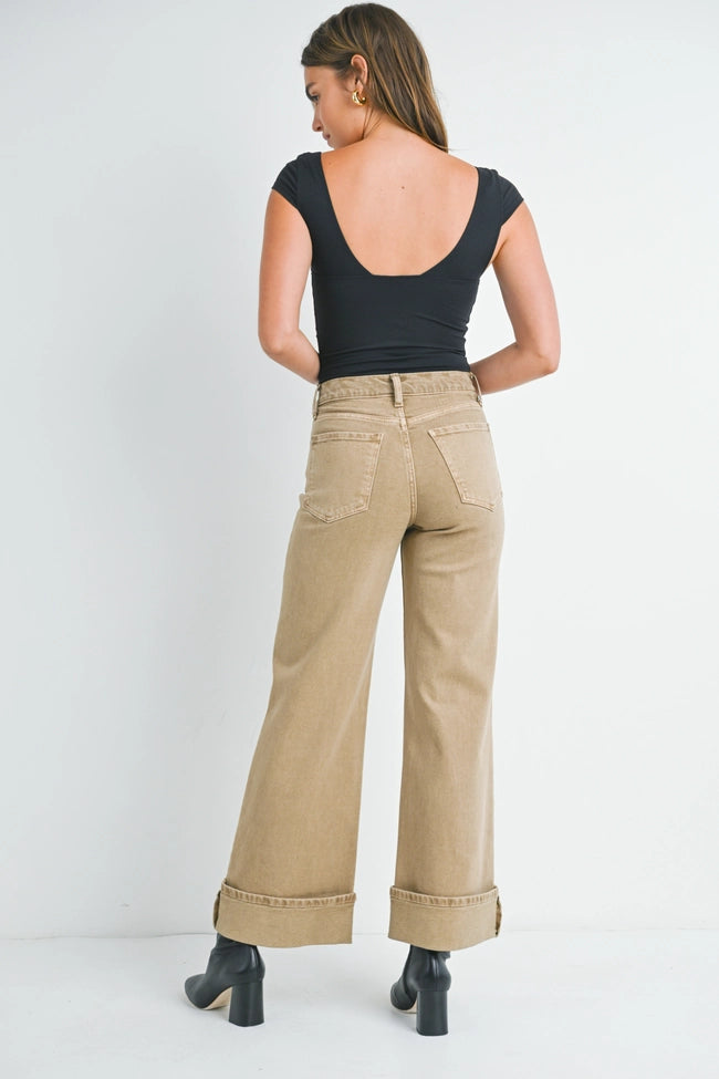 Dk Khaki Cuffed Palazzo, Pant Bottom by Just Black | LIT Boutique