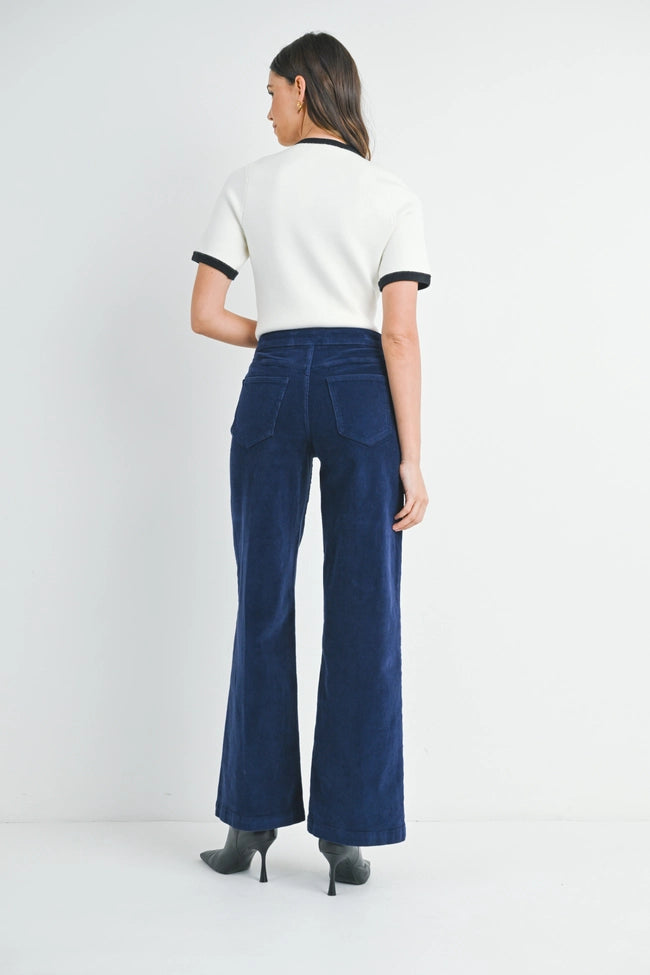 Navy Corduroy Mini Patch Pocket Wide Leg, Pant Bottom by Just Black | LIT Boutique