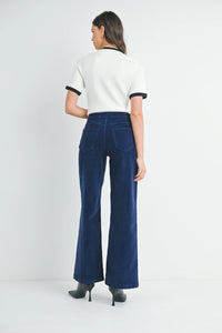 Thumbnail for Navy Corduroy Mini Patch Pocket Wide Leg, Pant Bottom by Just Black | LIT Boutique