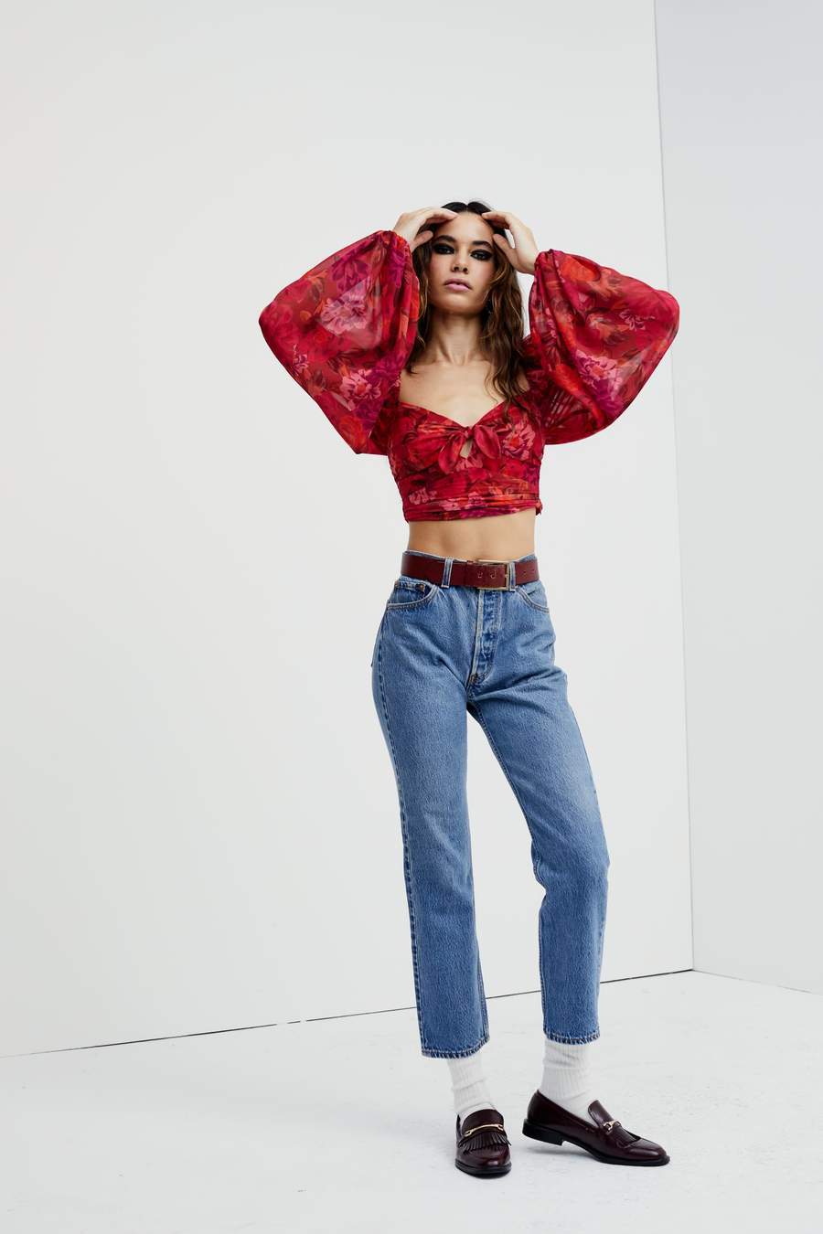 Trisha Crop Top Red, Long Blouse by for Love & Lemons | LIT Boutique
