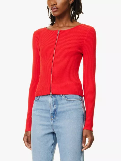 Virgo Rib Zip Front Sweater Grenadine, Sweater by Good American | LIT Boutique