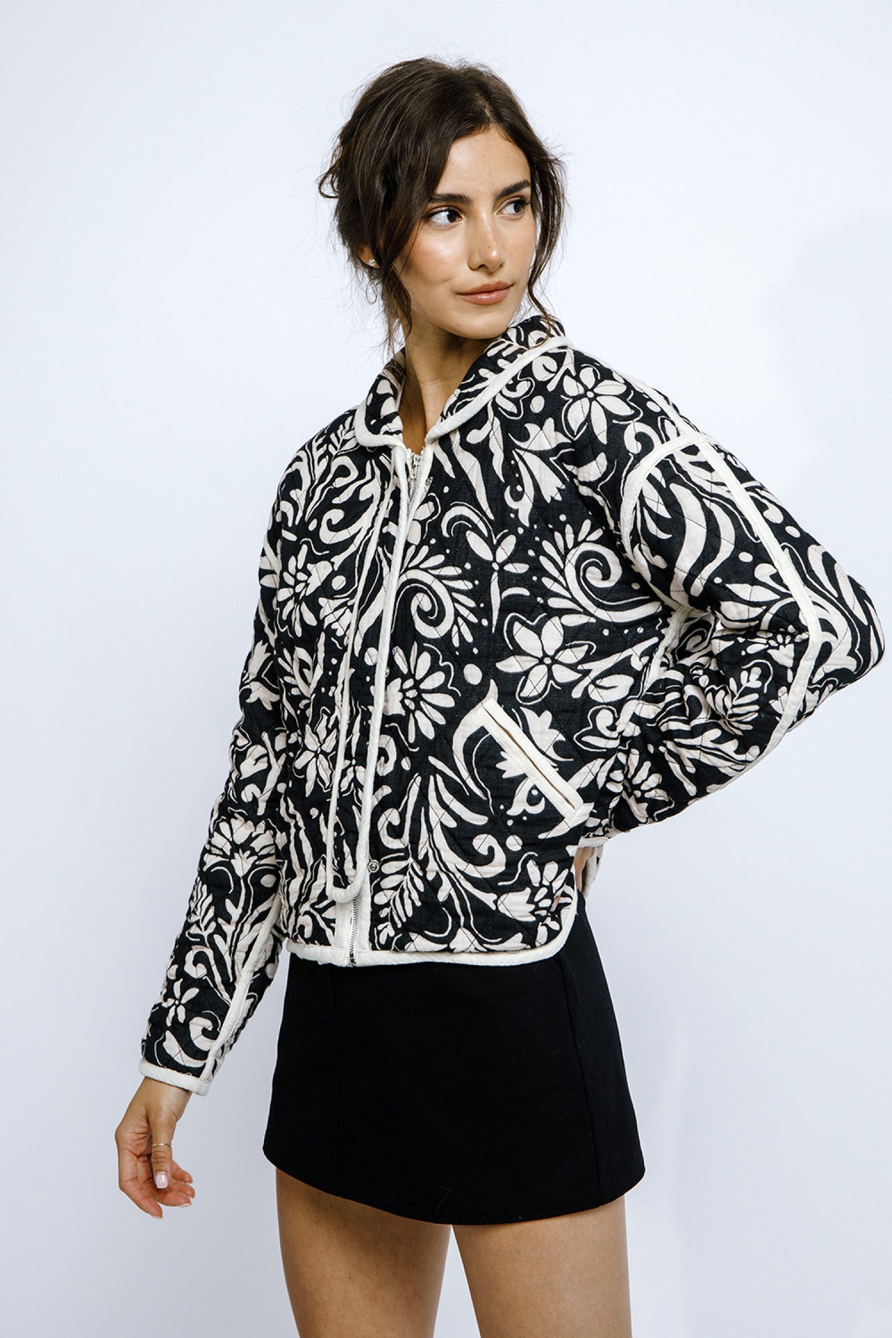 Paisley Print Quilted Jacket Black White, Jacket by Storia | LIT Boutique