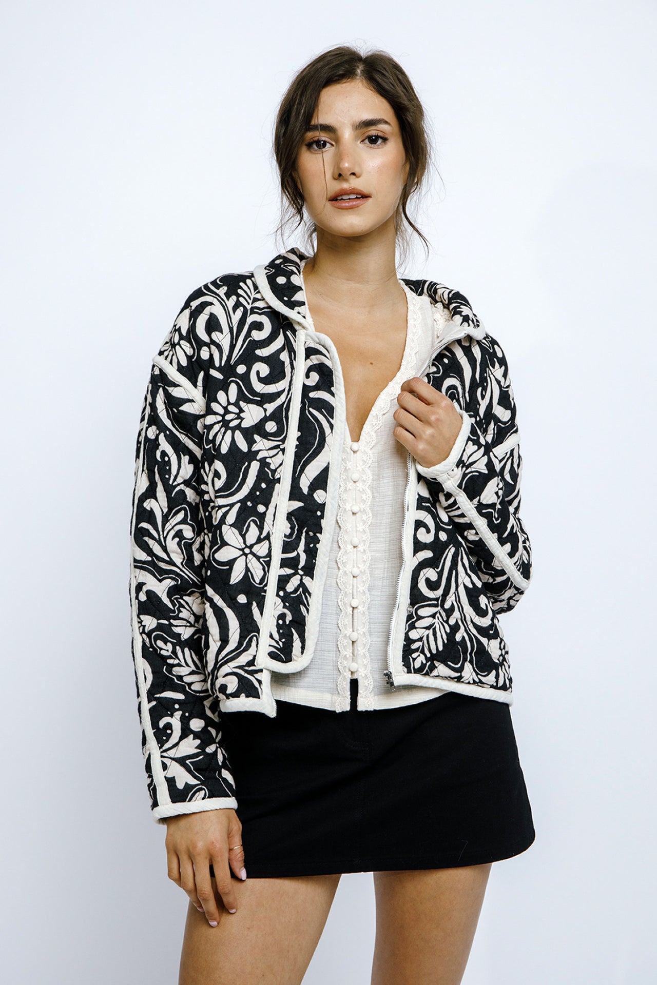 Paisley Print Quilted Jacket Black White, Jacket by Storia | LIT Boutique