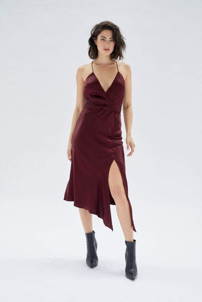 Nador Wrap Bias Cut Midi Dress Wine, Midi Dress by Mink Pink | LIT Boutique
