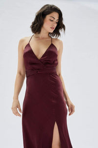 Thumbnail for Nador Wrap Bias Cut Midi Dress Wine, Midi Dress by Mink Pink | LIT Boutique