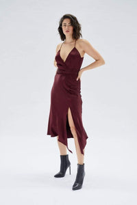 Thumbnail for Nador Wrap Bias Cut Midi Dress Wine, Midi Dress by Mink Pink | LIT Boutique