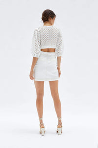 Thumbnail for Roxie Wrap Top White, Short Blouse by Mink Pink | LIT Boutique