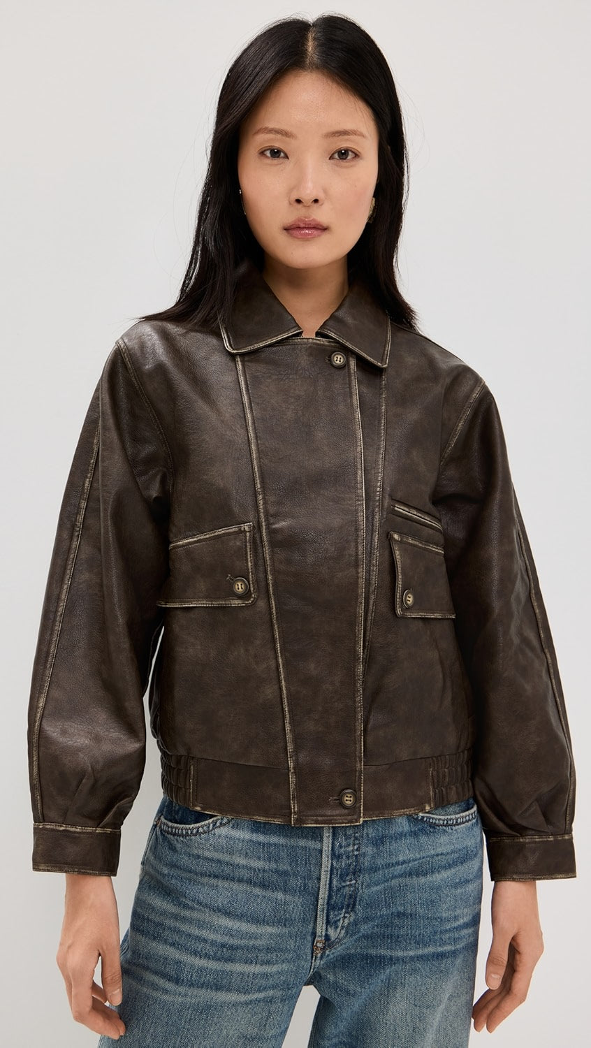 Neck Collar Faux Leather Jacket Dark Brown, Jacket by Moon River | LIT Boutique