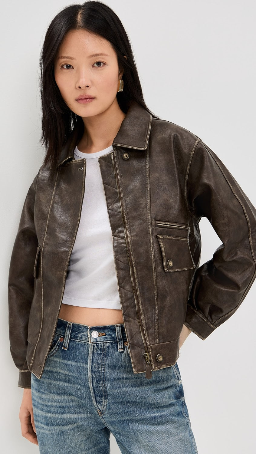 Neck Collar Faux Leather Jacket Dark Brown, Jacket by Moon River | LIT Boutique