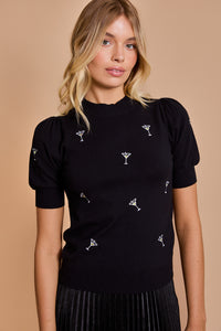 Thumbnail for Martini Glass Puff Sleeve Top Black, Long Tee by Gillies | LIT Boutique