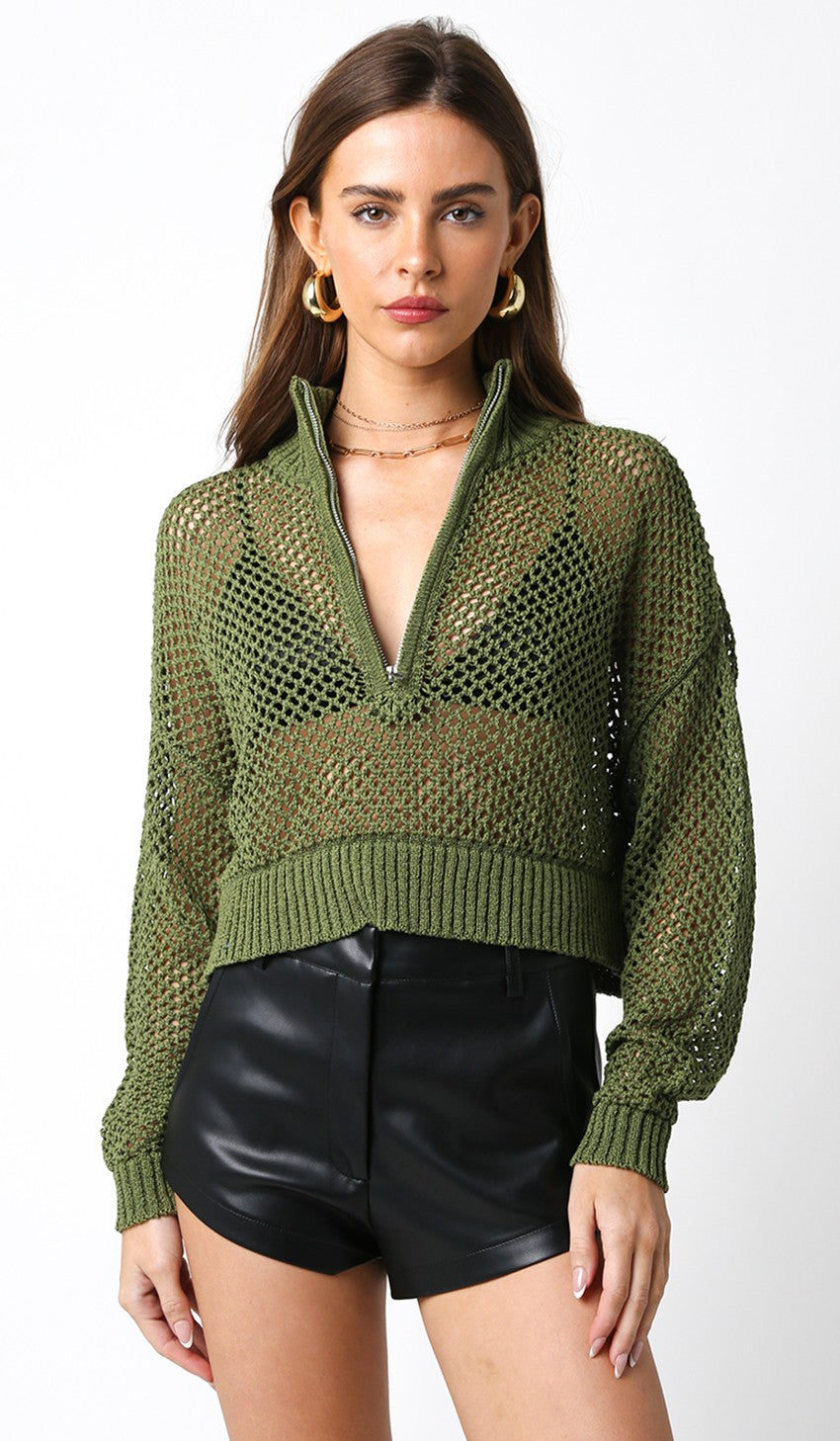 Quarter Zip Knit Sweater Olive Green, Sweater by Olivaceous | LIT Boutique