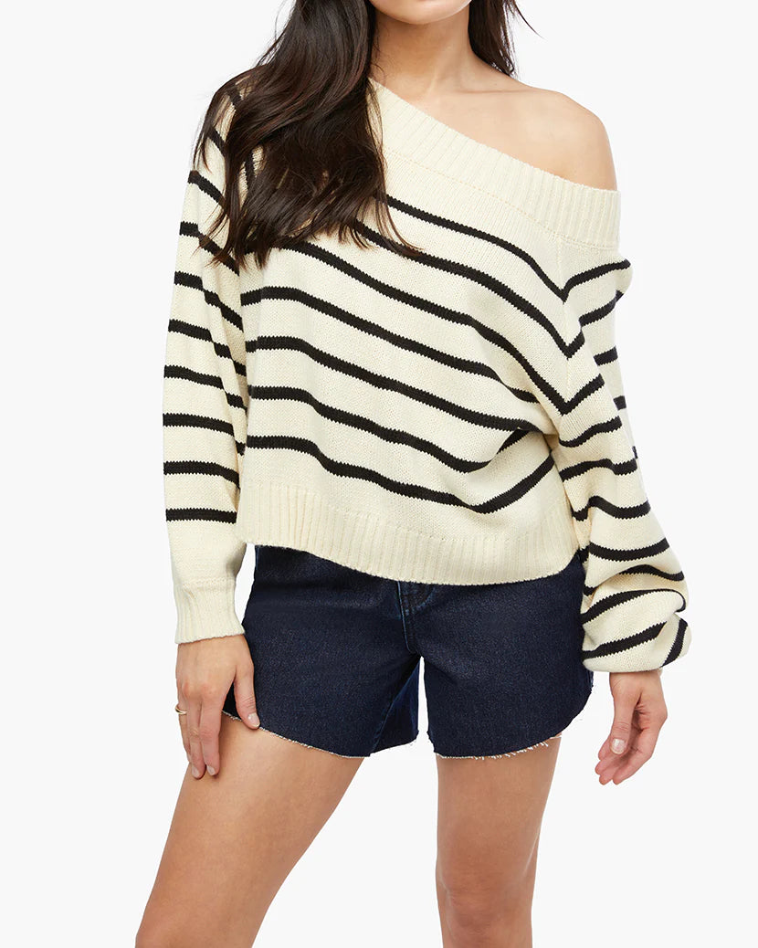 Off Shoulder Sweater Antique White Stripe, Sweater by We Wore What | LIT Boutique