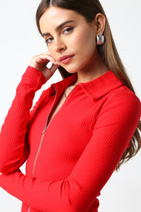 Thumbnail for Zip Up Long Sleeve Knit Top Red, Long Tee by Olivaceous | LIT Boutique