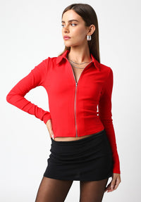 Thumbnail for Zip Up Long Sleeve Knit Top Red, Long Tee by Olivaceous | LIT Boutique