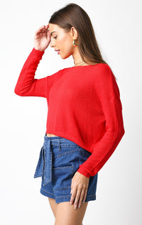 Thumbnail for Short Loose Knit Sweater Top Red, Sweater by Olivaceous | LIT Boutique