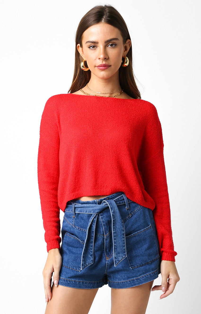 Short Loose Knit Sweater Top Red, Sweater by Olivaceous | LIT Boutique