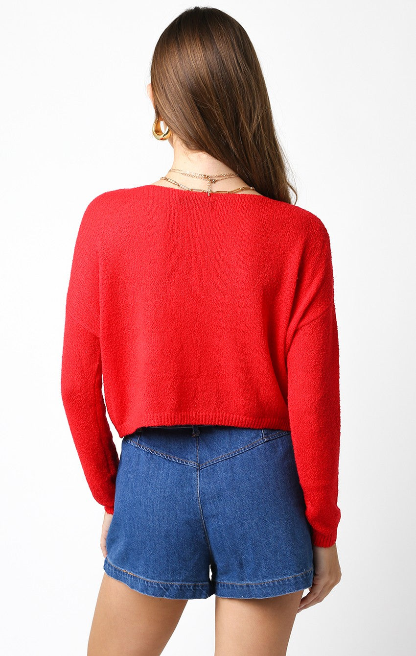 Short Loose Knit Sweater Top Red, Sweater by Olivaceous | LIT Boutique