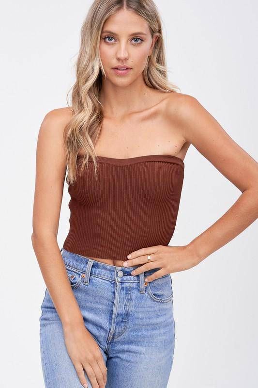 Baines Strapless Sweater Crop Top Mocha, Tank Tee by ReFine | LIT Boutique
