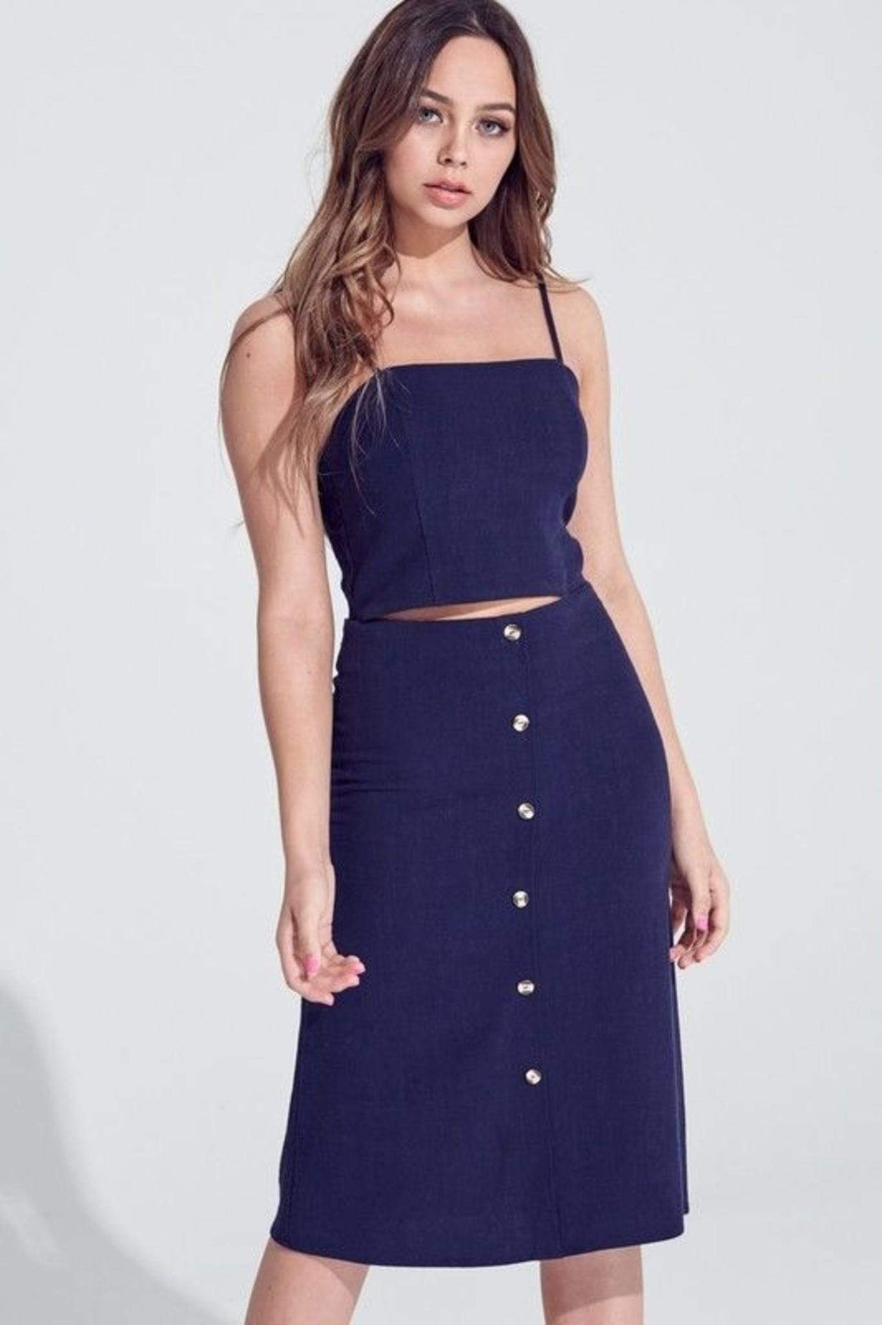 Reece Button Midi Skirt Navy, Midi Skirt by Stone & Salt | LIT Boutique