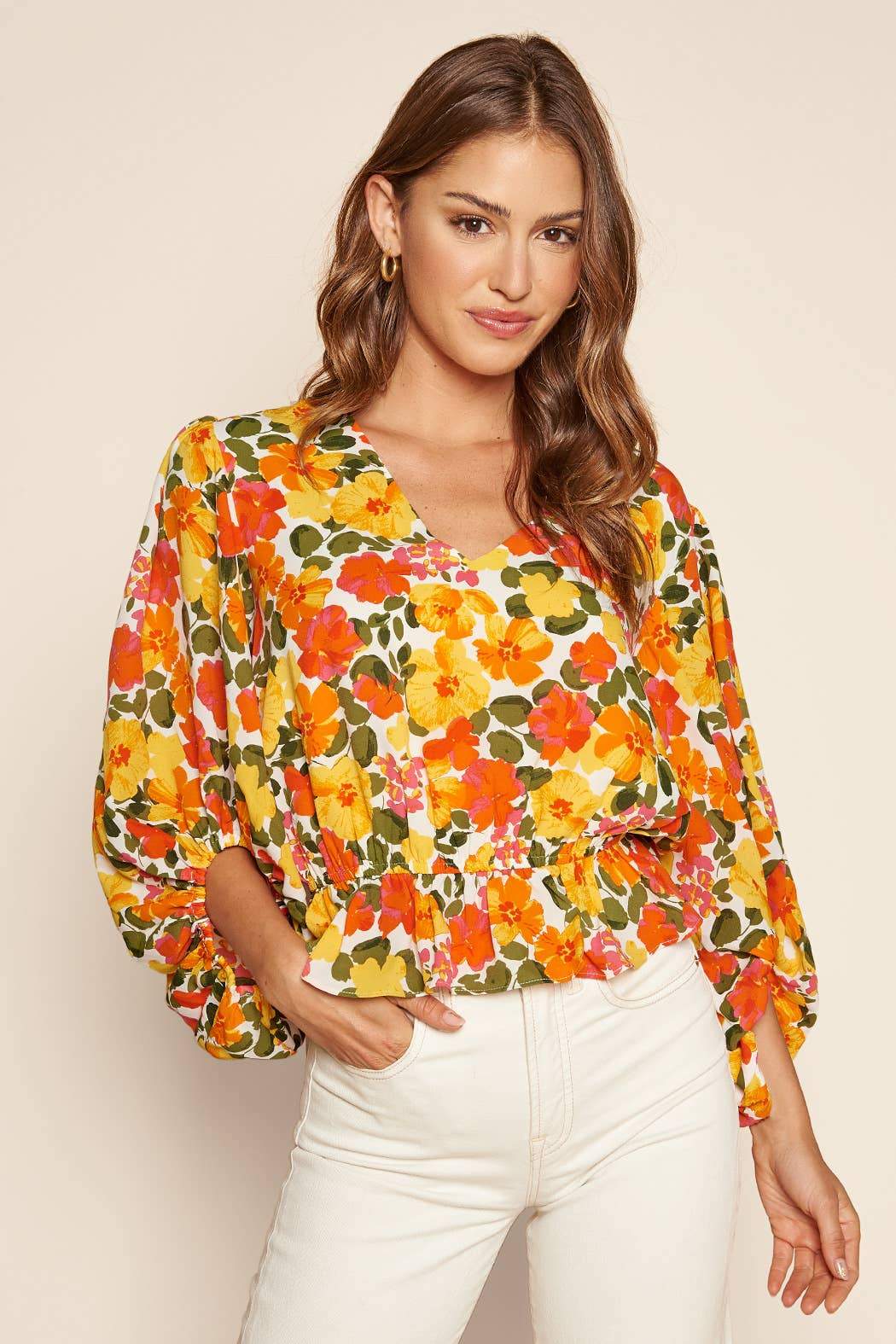 Tropicalia Ways Balloon Sleeve Blouse Orange Multi, Long Blouse by Sugar Lips | LIT Boutique
