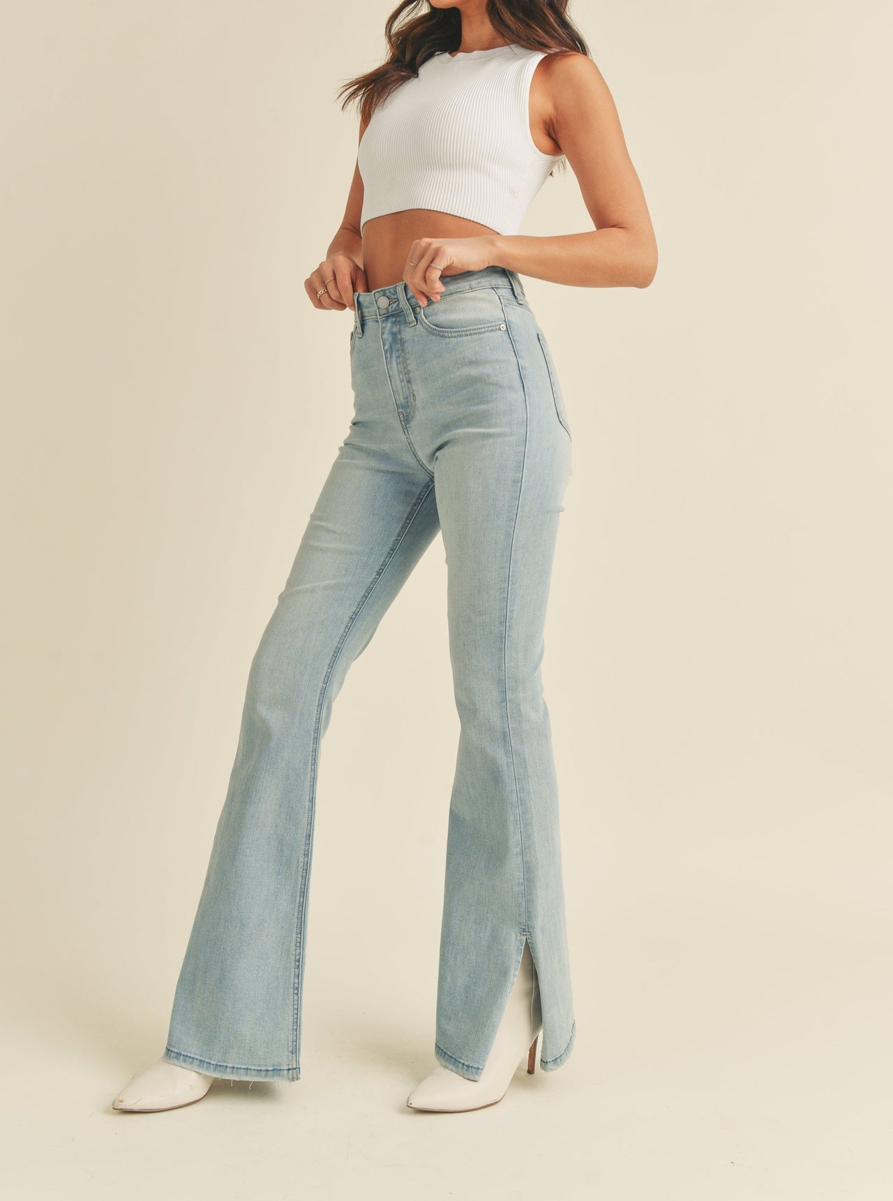Plus Size Mid Rise Mini Flare Jean w/ Slit Hem Detail – Laree + Co.