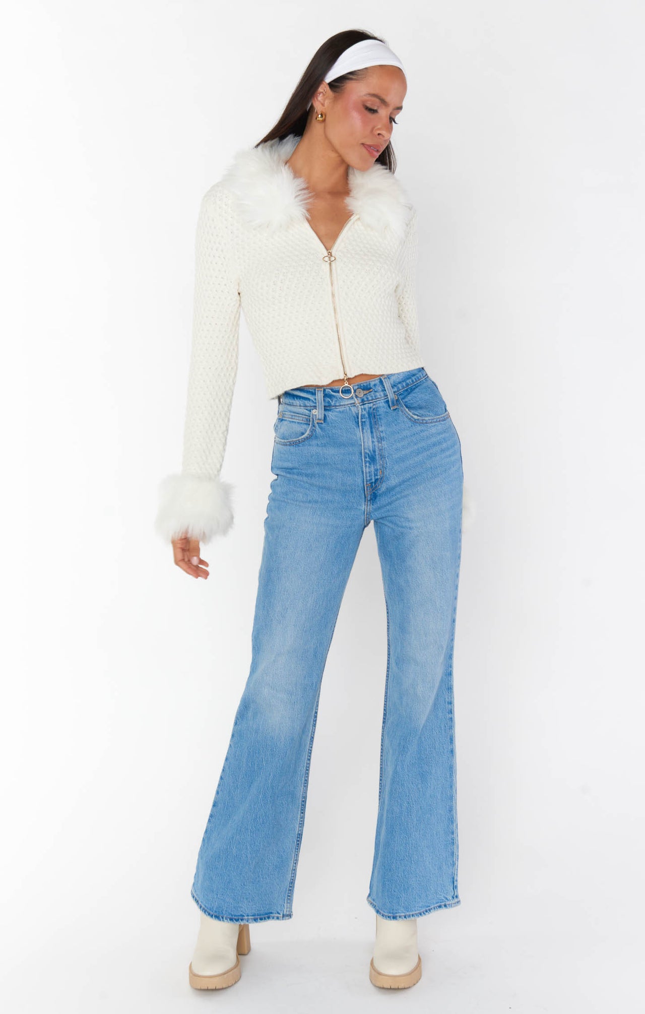 Zermatt Zip Up With Faux Fur White, Sweater Cardigan by Show Me Your Mumu | LIT Boutique