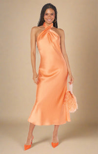 Thumbnail for Jasmine Satin Halter Midi Dress Cantaloupe, Midi Dress by Show Me Your Mumu | LIT Boutique