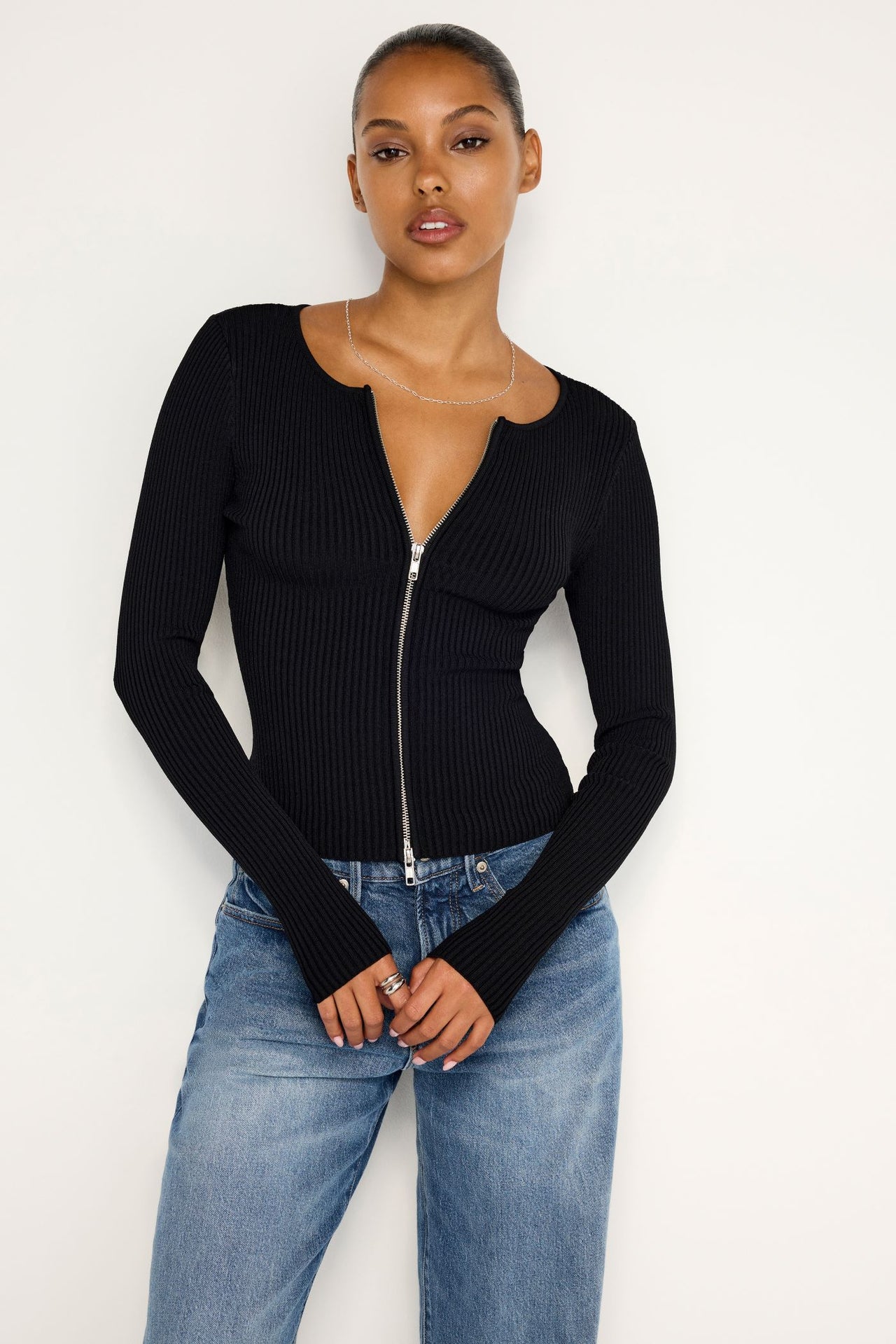 Virgo Rib Zip Front Sweater Black, Sweater by Good American | LIT Boutique