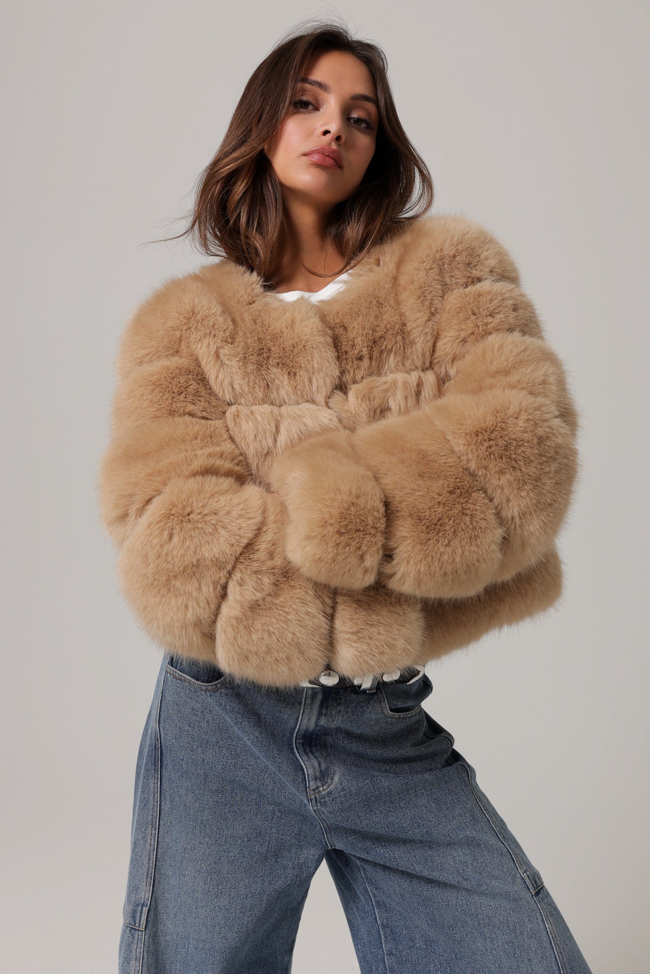 Liana Faux Fur Jacket Latte, Coat Jacket by Line and Dot | LIT Boutique