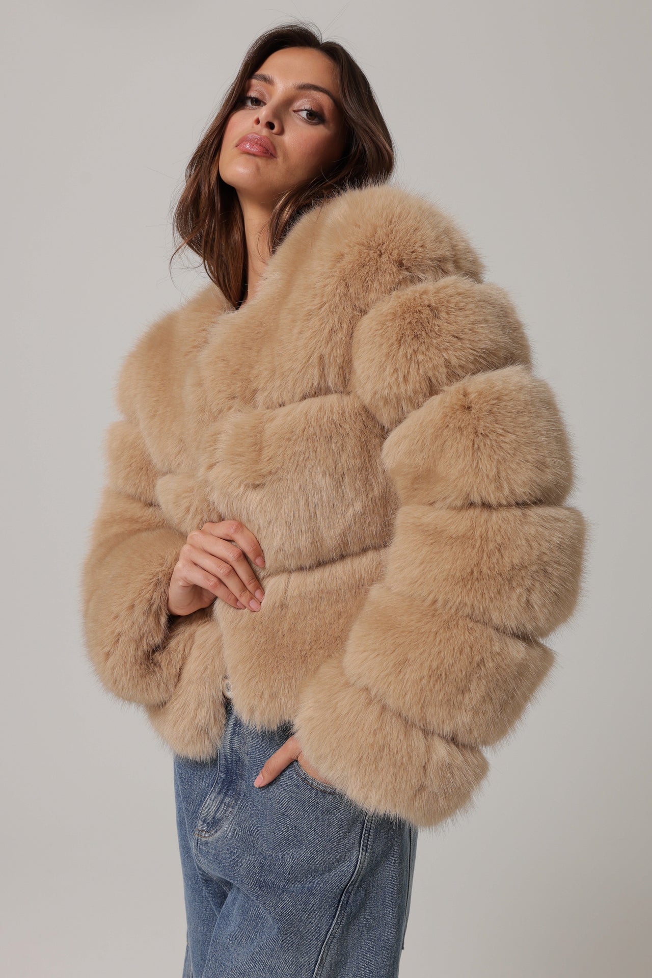 Liana Faux Fur Jacket Latte, Coat Jacket by Line and Dot | LIT Boutique