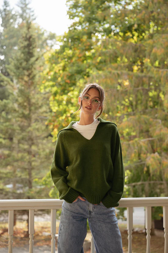 Collar V Neck Sweater Hunter Green, Sweater by We Wore What | LIT Boutique