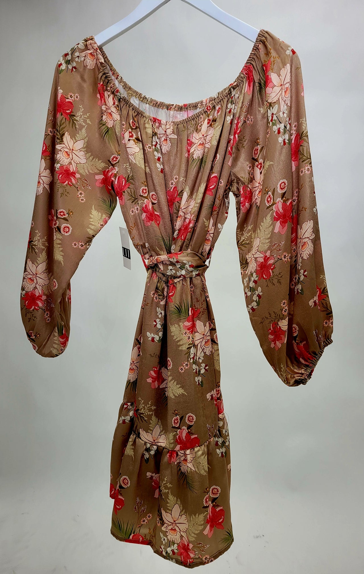 Lore Floral Off Shoulder Mini Dress Camel Multi, Mini Dress by ReFine | LIT Boutique