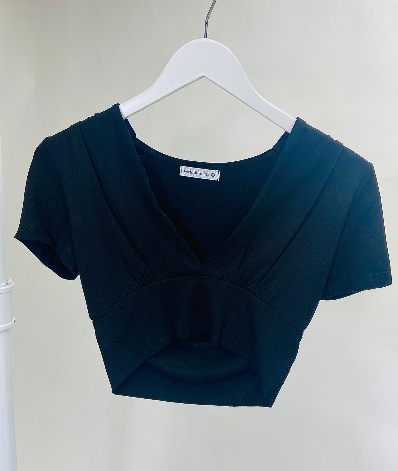 Black Double Layered Plunge V Crop Top, Short Tee by Wasabi + Mint | LIT Boutique