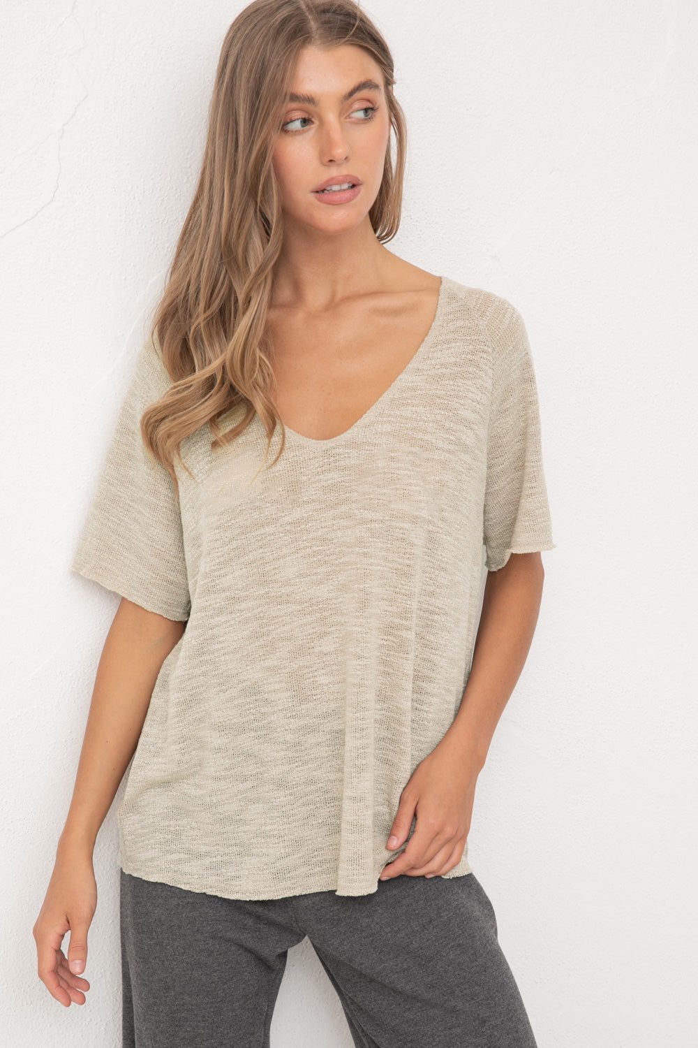 Beige Slubby V Neck Top, Tops by Wasabi and Mint | LIT Boutique