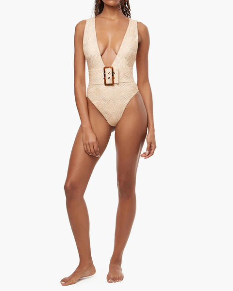 Belted Plunge One Piece Swim Suit Tan Multi