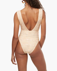 Thumbnail for Belted Plunge One Piece Swim Suit Tan Multi, Swim by We Wore What | LIT Boutique