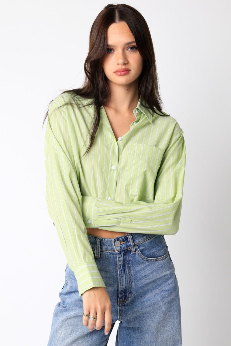 Calder Cropped Button Down Green, Tops Blouses by Olivaceous | LIT Boutique
