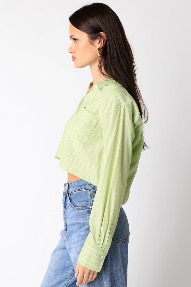 Calder Cropped Button Down Green, Tops Blouses by Olivaceous | LIT Boutique