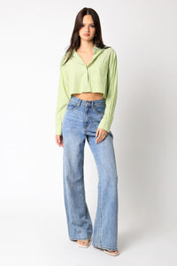 Thumbnail for Calder Cropped Button Down Green, Tops Blouses by Olivaceous | LIT Boutique