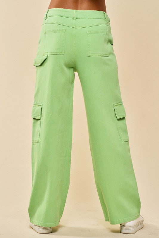 Carter Washed Denim Cargo Pants Lime, Bottoms by Blue Blush | LIT Boutique