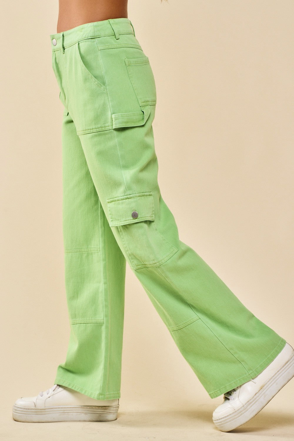 Carter Washed Denim Cargo Pants Lime, Bottoms by Blue Blush | LIT Boutique