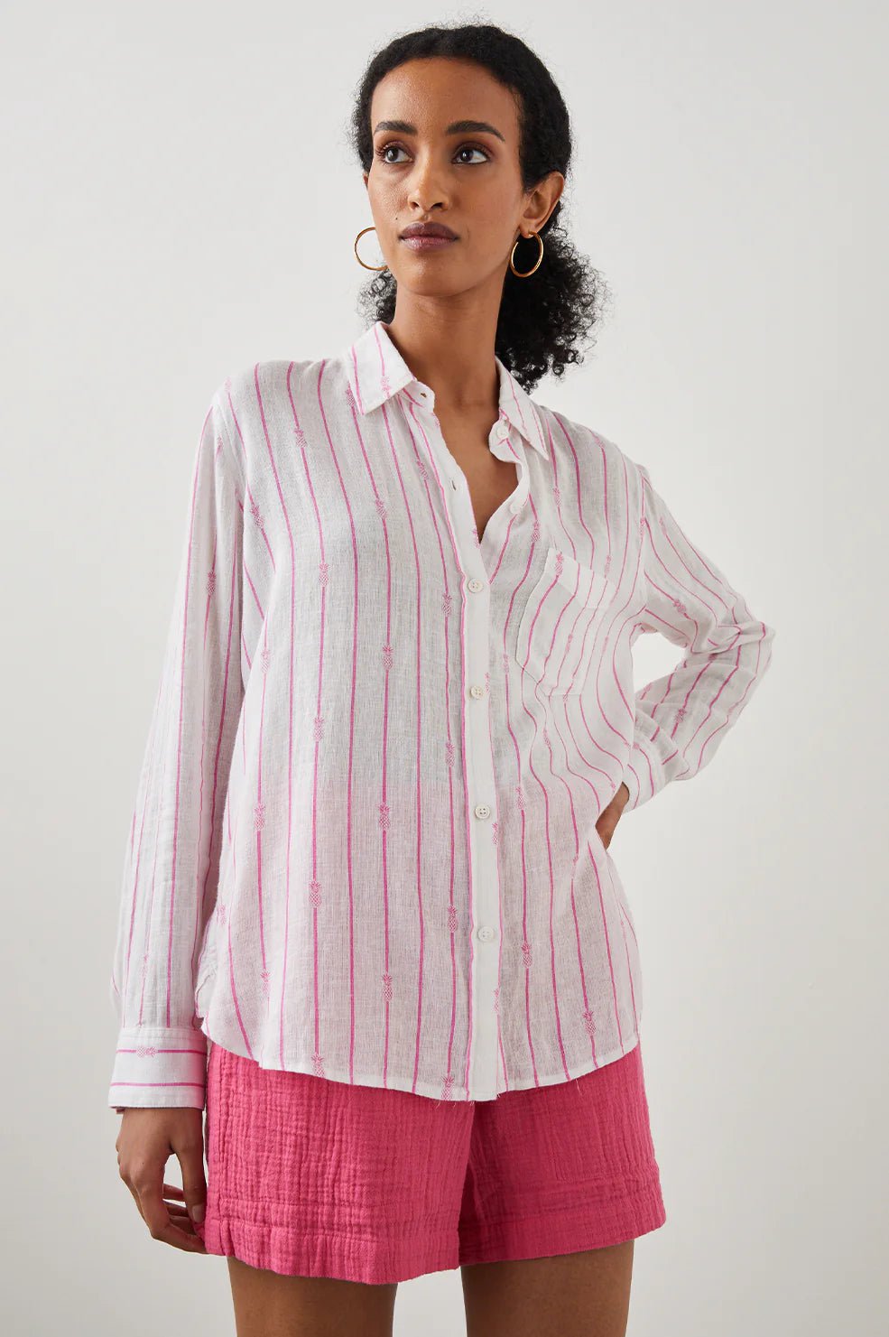 Charli Pineapple Stripe Button Down Pink, Long Blouse by Rails | LIT Boutique