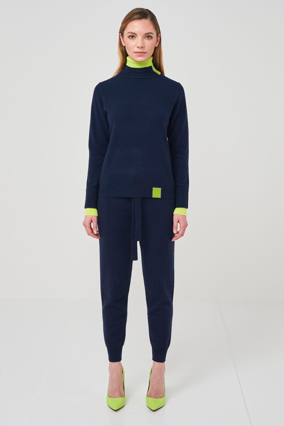 Contrast Roll Neck Navy Yellow, Sweater by Brodie Cashmere | LIT Boutique