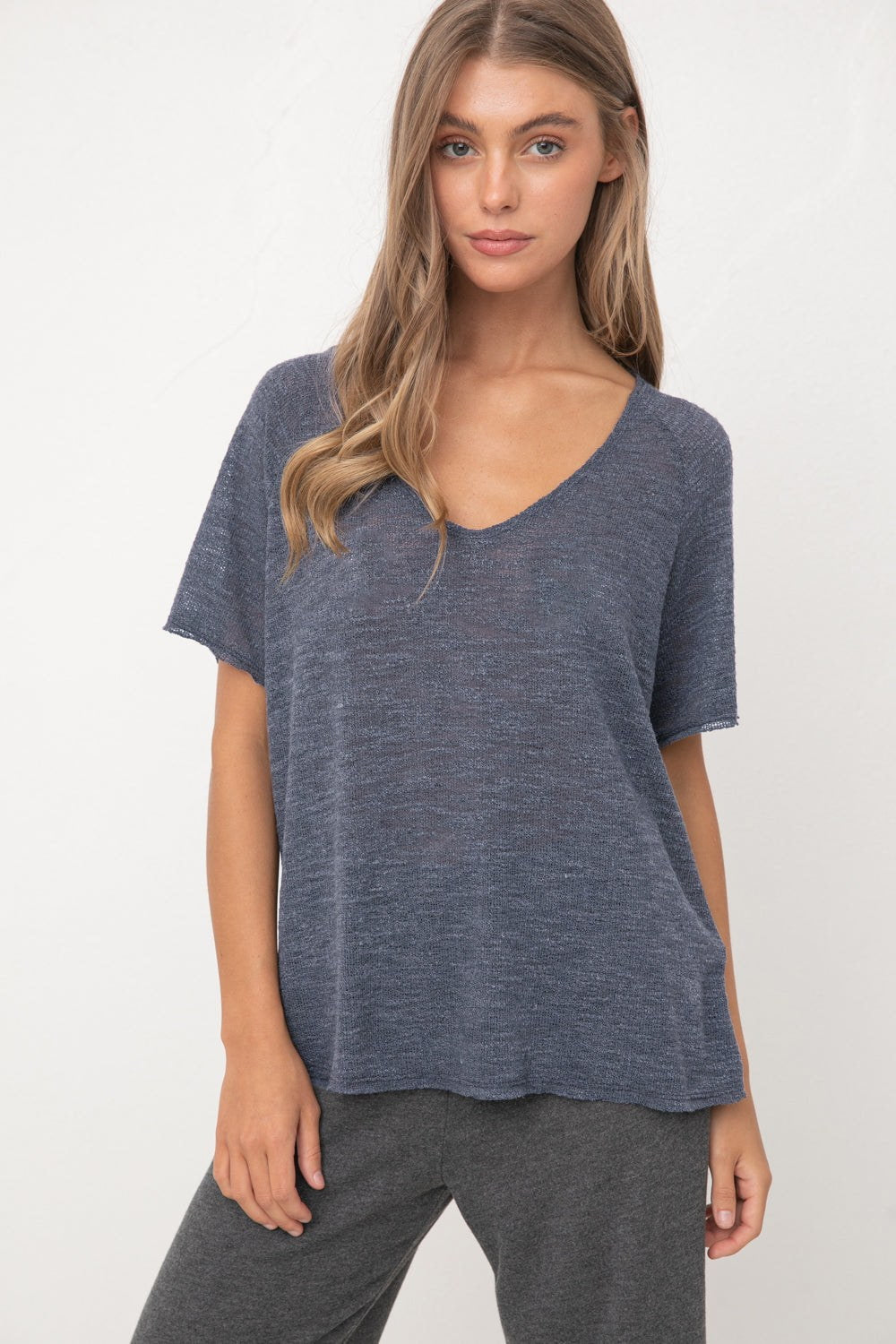 Denim Slubby V Neck Top, Tops by Wasabi and Mint | LIT Boutique